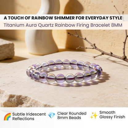 Close-up of 8 mm smooth round quartz beads highlighting brilliant multi-colored metallic rainbow sheen and vitreous polish