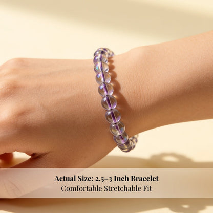 Titanium Aura rainbow crystal bracelet worn on wrist showcasing versatile stackable fit and shimmering colors