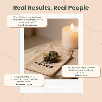 50g Unakite tumbled stone jute bag kit displayed beside an informational crystal care card in neat gift packaging