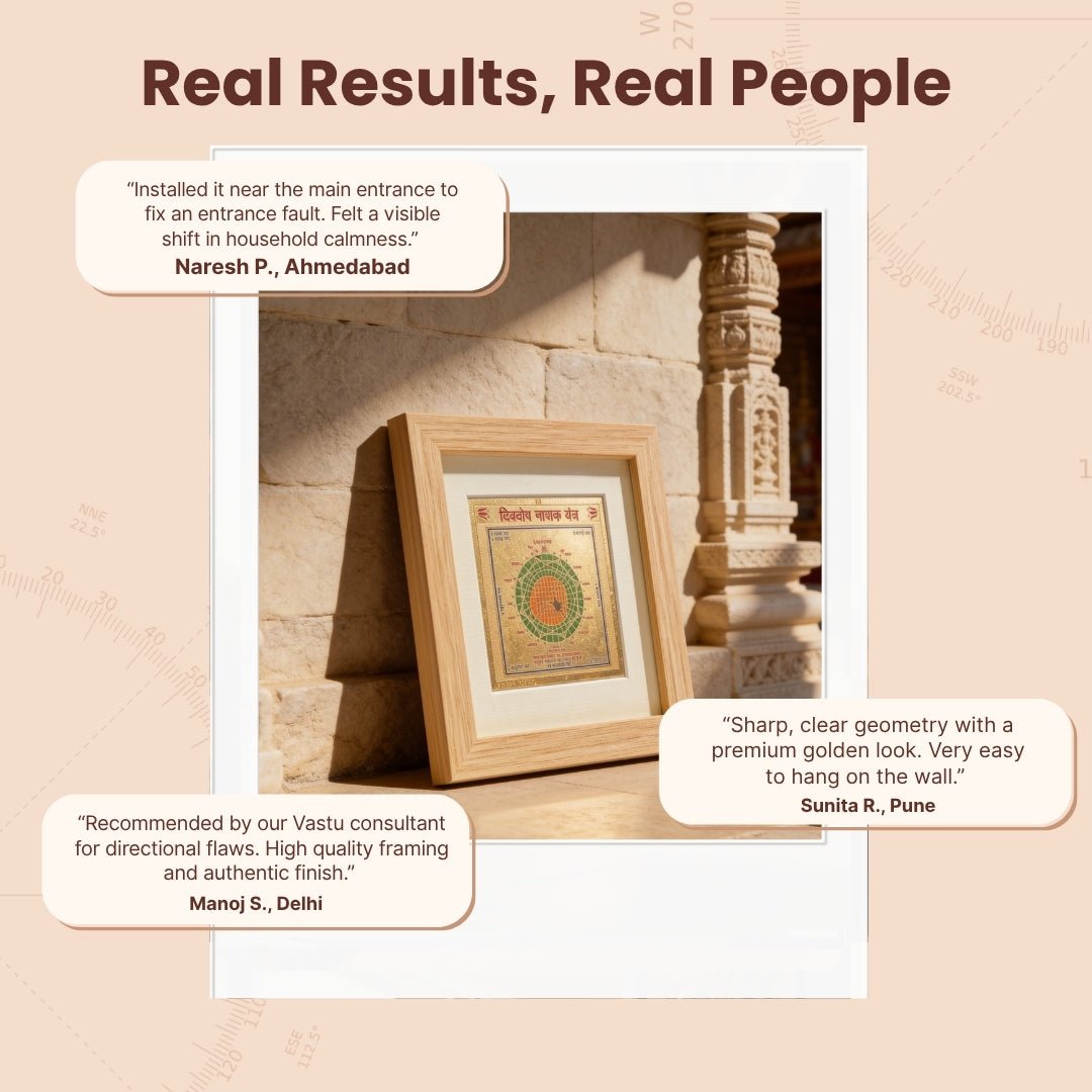 Gold-polished Vastu Dik Dosh Nashak Yantra cushioned in a velvet insert within a rigid branded gift box with directional installation guide