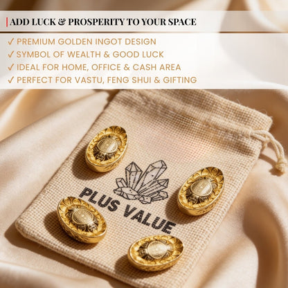 set of four golden metal ingots arranged beside the open jute bag