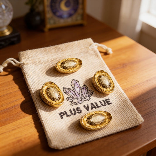 four golden feng shui ingots with a natural jute drawstring bag