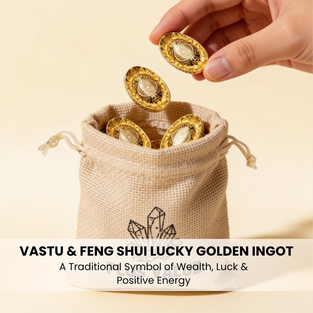 four golden feng shui ingots in a jute bag on an office desk