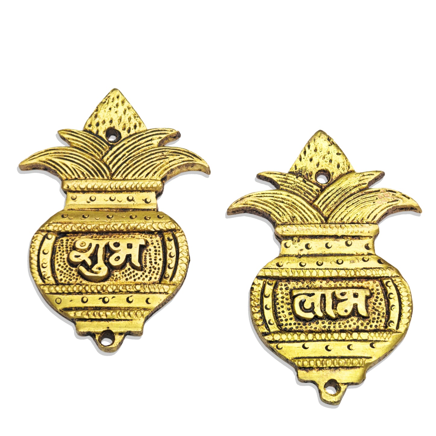 Shubh Labh Kalash Door Hangings (Pair) are Handcrafted in Pure Brass (Pital) with an Elegant Antique-Gold Finish.