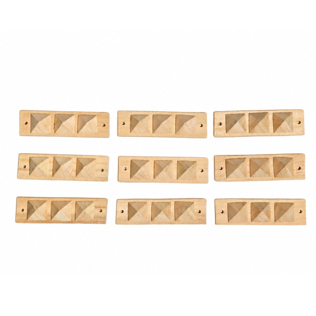 Set of 9 natural Shriparni wooden pyramid strips designed for structural Vastu dosha correction and virtual space partition