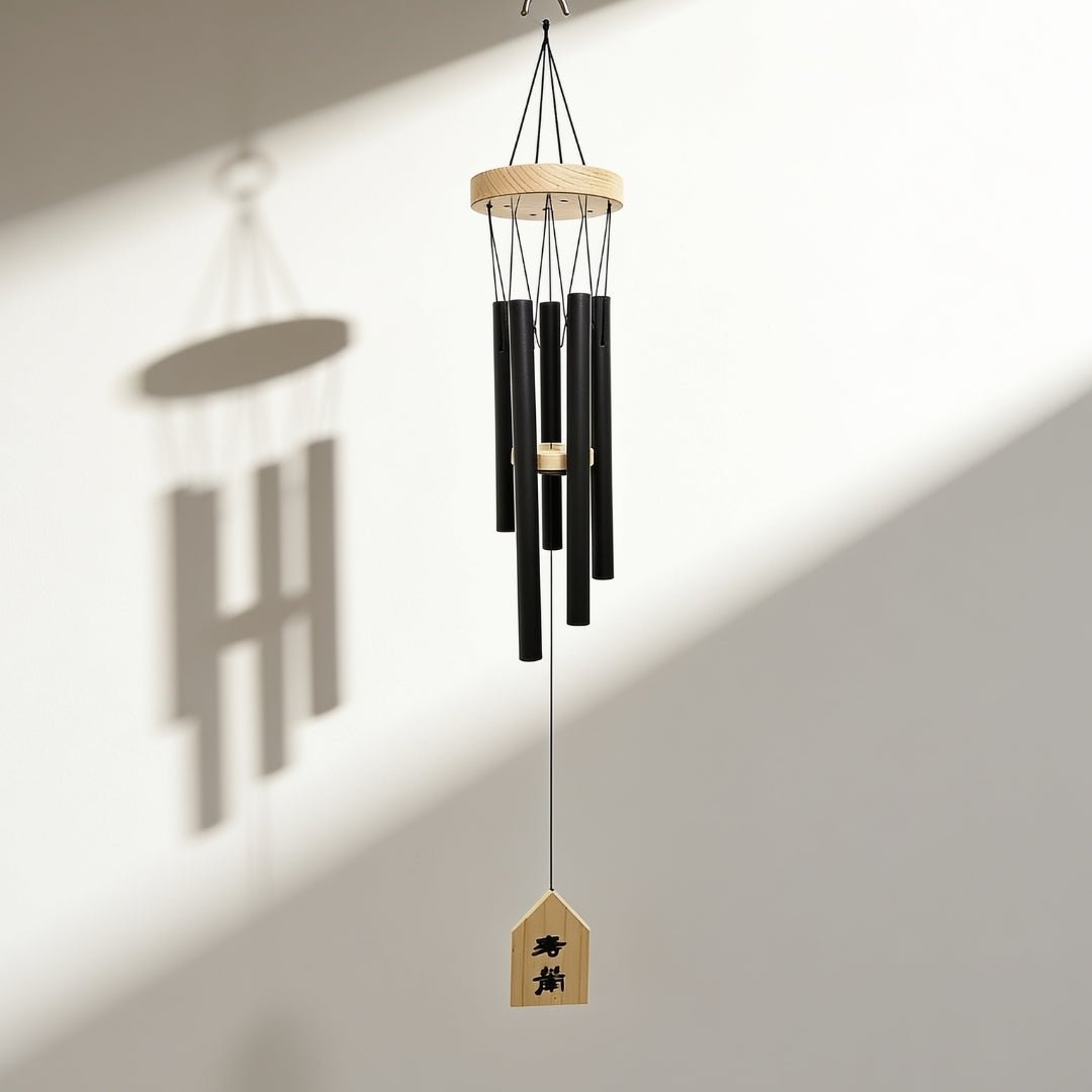 Traditional 5-pipe metallic wind chime Model 201 suspended with top ring and wooden suspension plate