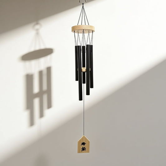 Traditional 5-pipe metallic wind chime Model 201 suspended with top ring and wooden suspension plate
