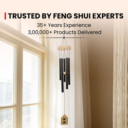 Feng Shui wind chime infographic highlighting 5-element balance, positive Chi activation, and Northwest or West Vastu placement