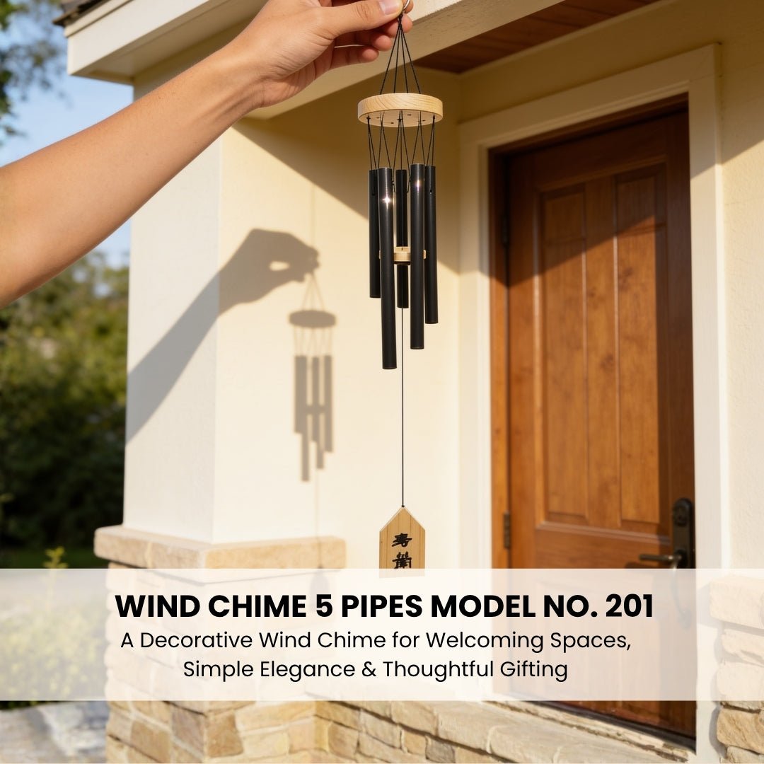 Model 201 5-pipe wind chime held by top ring demonstrating lightweight balance and balanced pipe arrangement