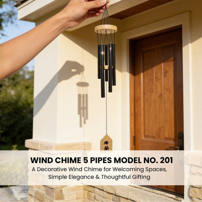 Model 201 5-pipe wind chime held by top ring demonstrating lightweight balance and balanced pipe arrangement