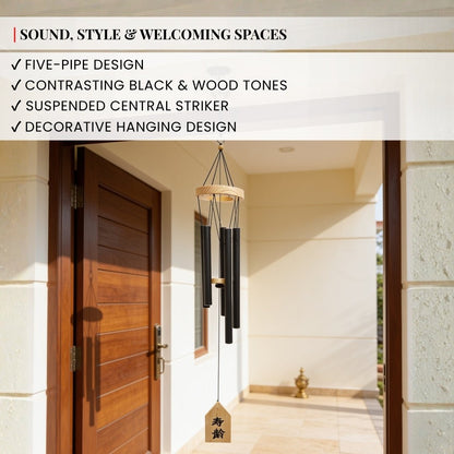 Centered wooden striker clapper and aerodynamic hanging wind sail threaded with heavy-duty weather-resistant nylon cords