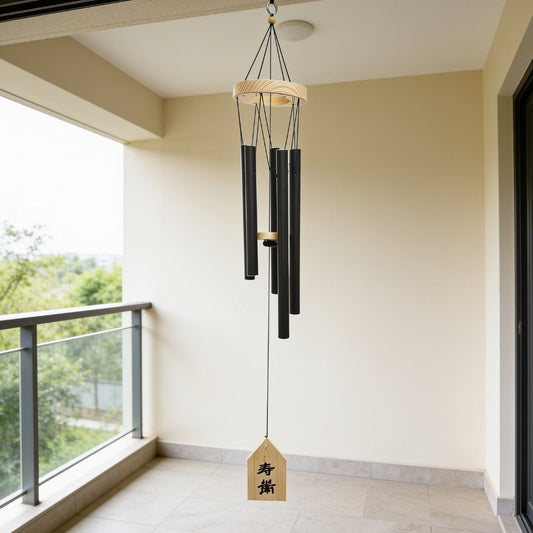 Elegant 5-pipe metallic wind chime Model 301 suspended from top mounting ring and circular suspension top