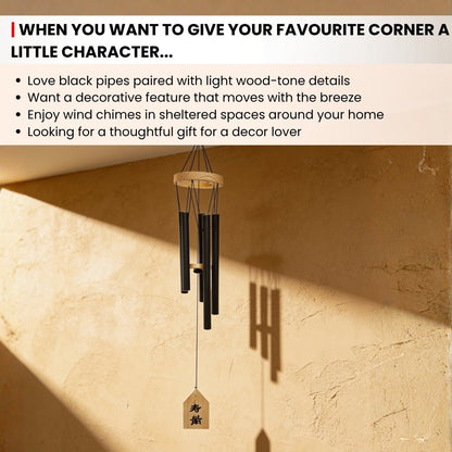 Scale measurement graphic showing overall hanging length from hook to wind catcher, pipe lengths, and diameter