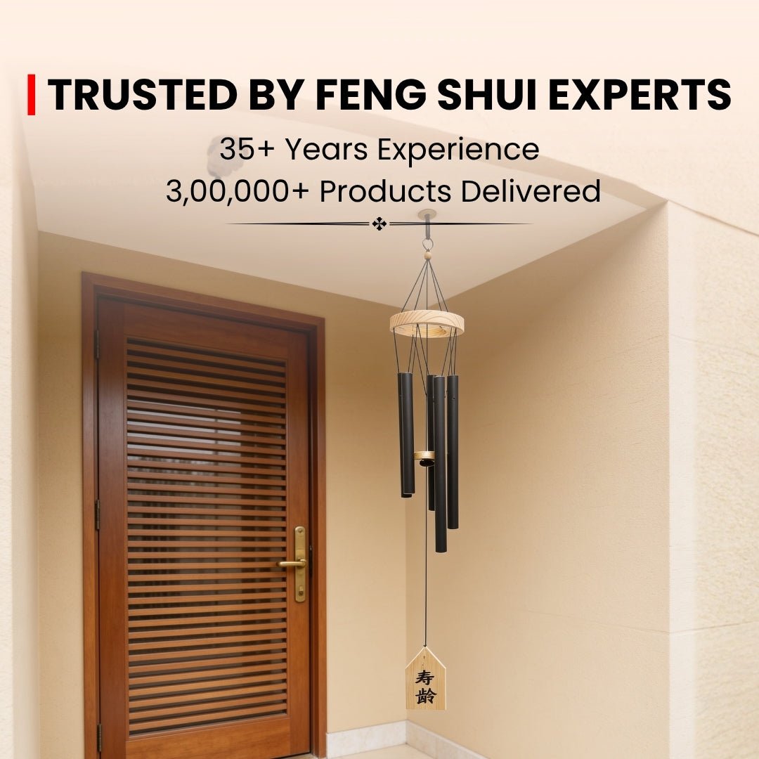 Feng Shui wind chime infographic highlighting suppression of negative energy, five elements harmonization, and metal remedy placement