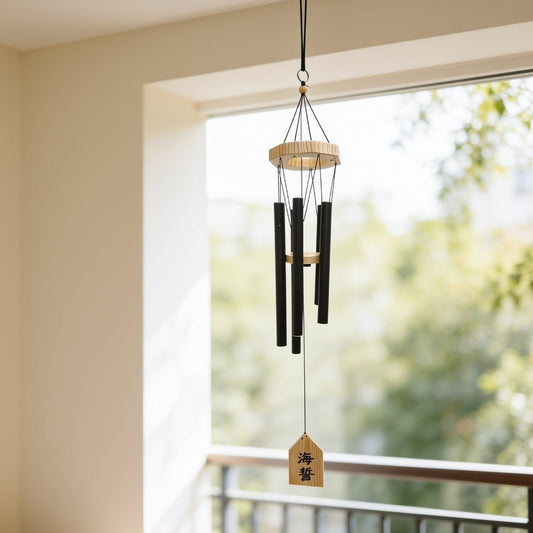 Premium 5-pipe metallic wind chime Model 401 suspended from top mounting ring and wooden canopy