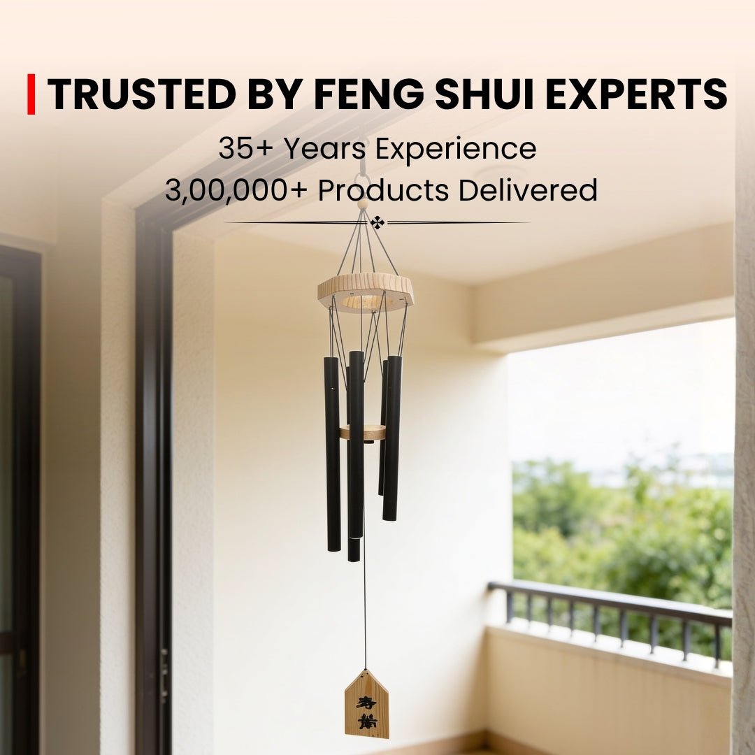Feng Shui wind chime infographic detailing Northwest and West sector placement, negative energy deflection, and five elements balance