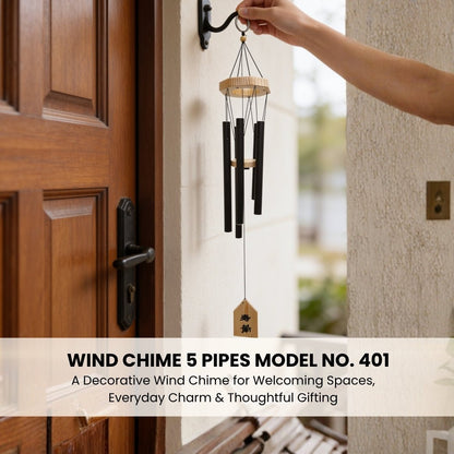 Model 401 5-pipe chime held by hand illustrating overall proportions, lightweight balance, and clean tube alignment