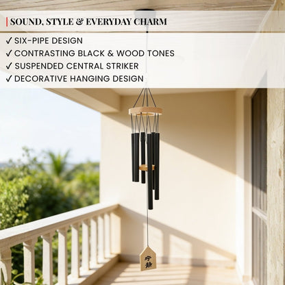 Centered wooden striker clapper and hanging teardrop wind sail strung on high-tensile weather-resistant cords