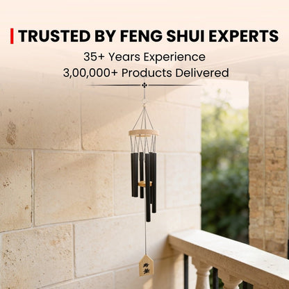 Feng Shui wind chime infographic illustrating 6-rod metal remedy for Northwest and West zones to attract helpful people and career luck