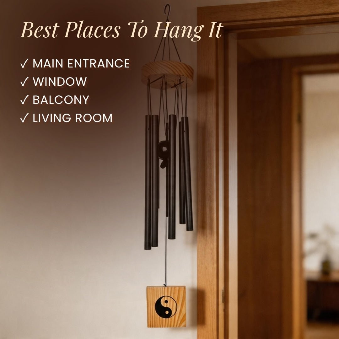 Feng Shui Metal Wind Chime, 7 Rods/Pipes, 29.5 inch (75cm), Black - plusvalueindia