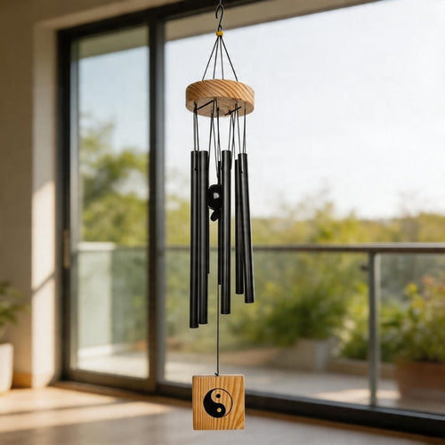 Feng Shui Metal Wind Chime, 7 Rods/Pipes, 29.5 inch (75cm), Black - plusvalueindia