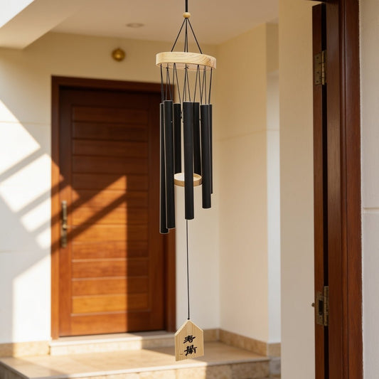 Elegant 7-pipe metallic wind chime Model 203 suspended from top mounting ring and circular canopy