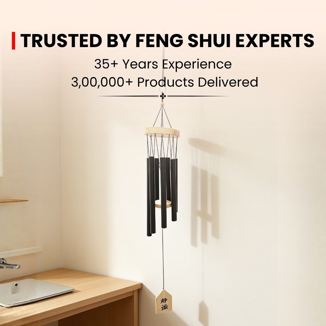 Feng Shui wind chime infographic detailing 7-rod metal remedy for West sector activation, creativity, children's luck, and positive Chi circulation