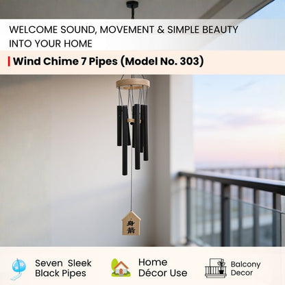 Close-up of 7 tuned metallic chime pipes displaying smooth electroplated finish, protective weather-resistant coat, and beveled tube rims