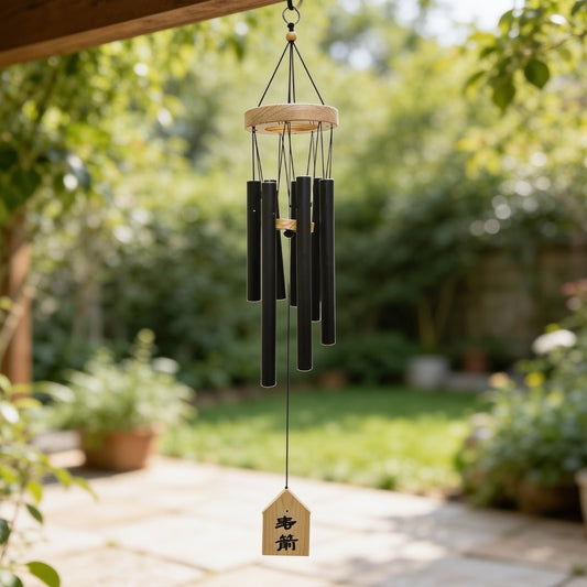 Premium 7-pipe metallic wind chime Model 303 suspended from top mounting ring and circular suspension top