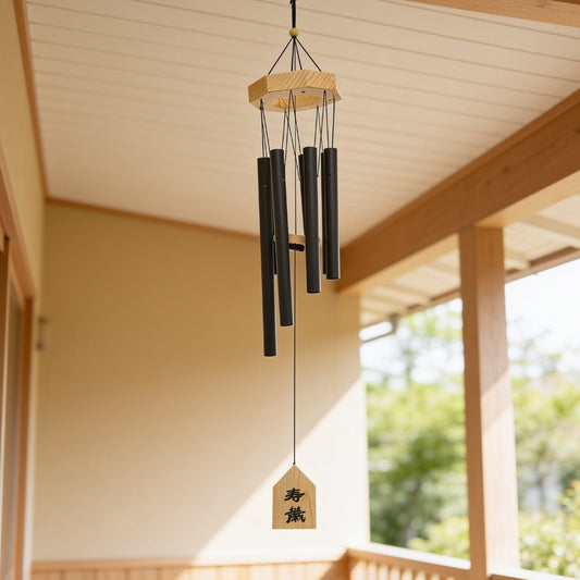 Classic 7-pipe metallic wind chime Model 403 suspended from top mounting ring and circular canopy