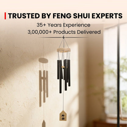 Feng Shui wind chime infographic detailing 7-rod metal remedy for West sector activation, creativity, children's luck, and positive Chi circulation