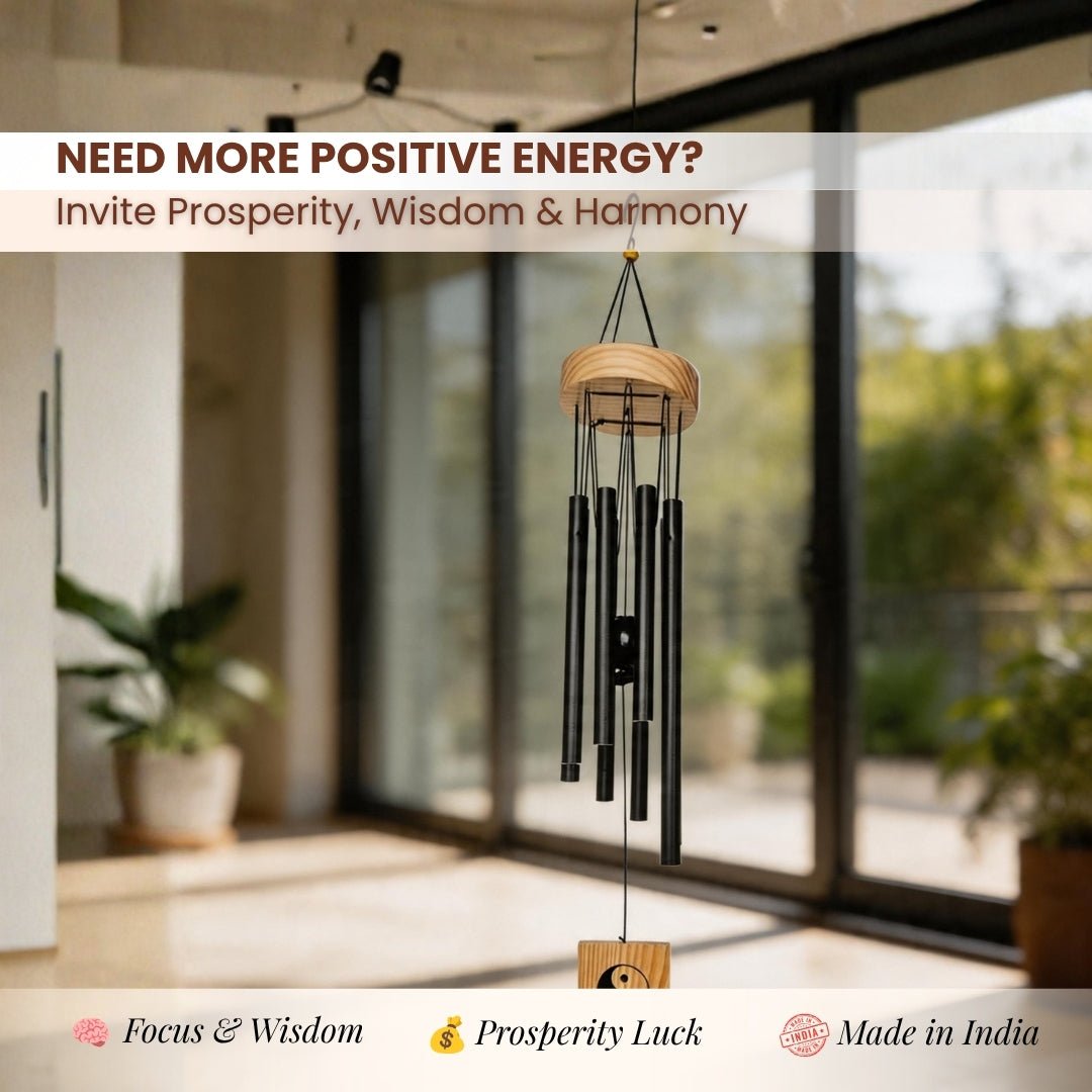 Feng Shui Metal Wind Chime, 8 Rods/Pipes, 29 inch (74cm), Black - plusvalueindia