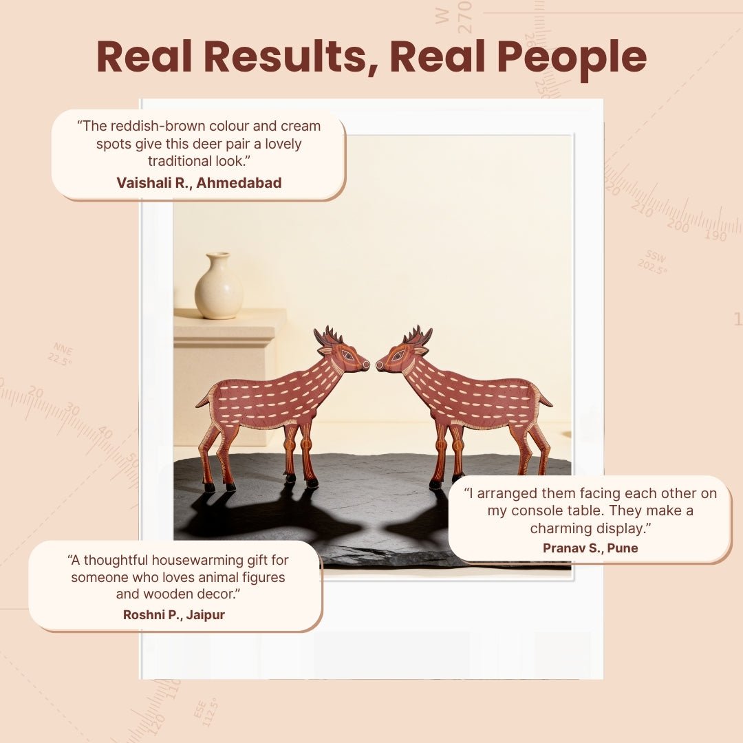 Handcrafted wooden deer pair securely packed in protective gift box packaging for housewarming and festive gifting