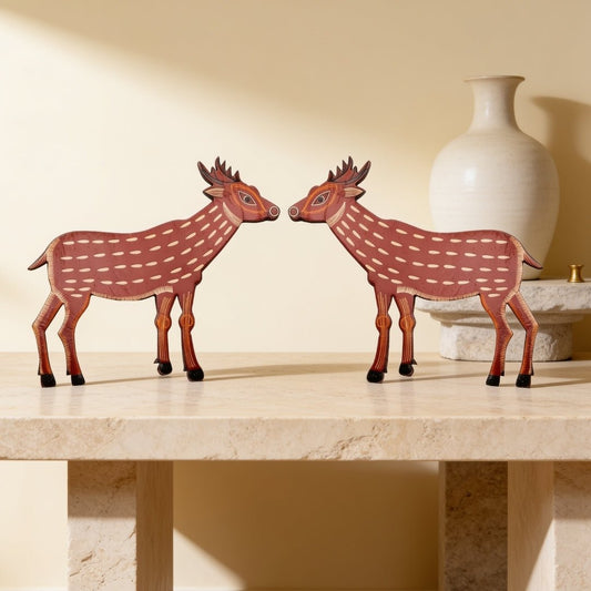 Handcrafted wooden deer pair figurine set featuring stag and doe statues for home and office decor