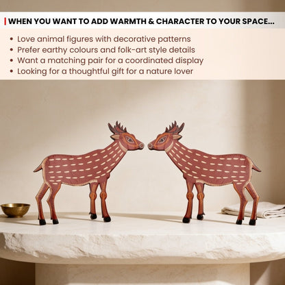 Scale measurement graphic showing height, length, and base width of both wooden deer figurines