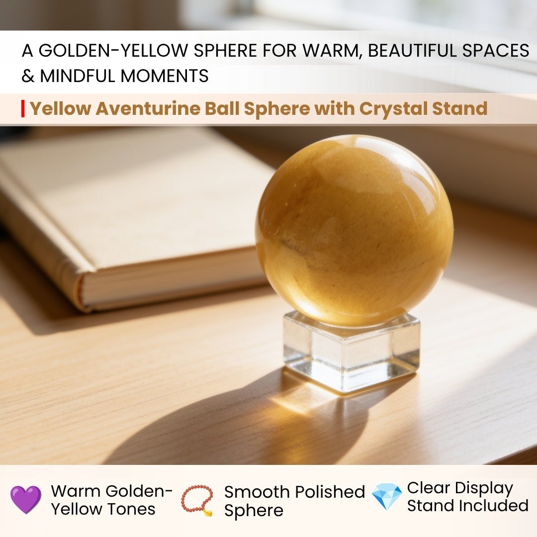 Close-up of polished Yellow Aventurine sphere showing warm golden-yellow hues, mica inclusions, and natural sheen