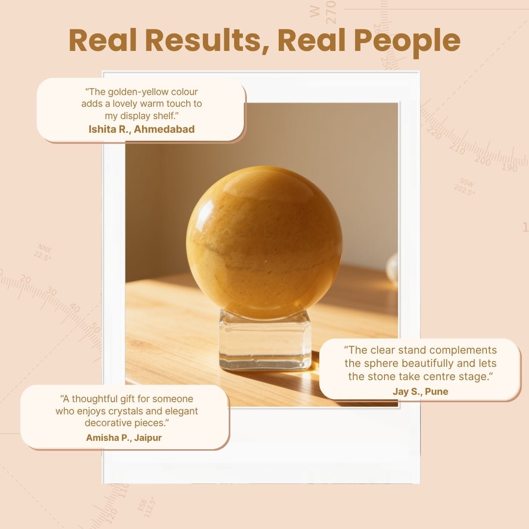 Yellow Aventurine crystal ball and stand arranged neatly inside protective velvet-lined gift packaging