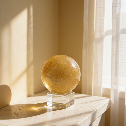 Natural Yellow Aventurine polished crystal ball sphere resting on matching clear crystal display stand
