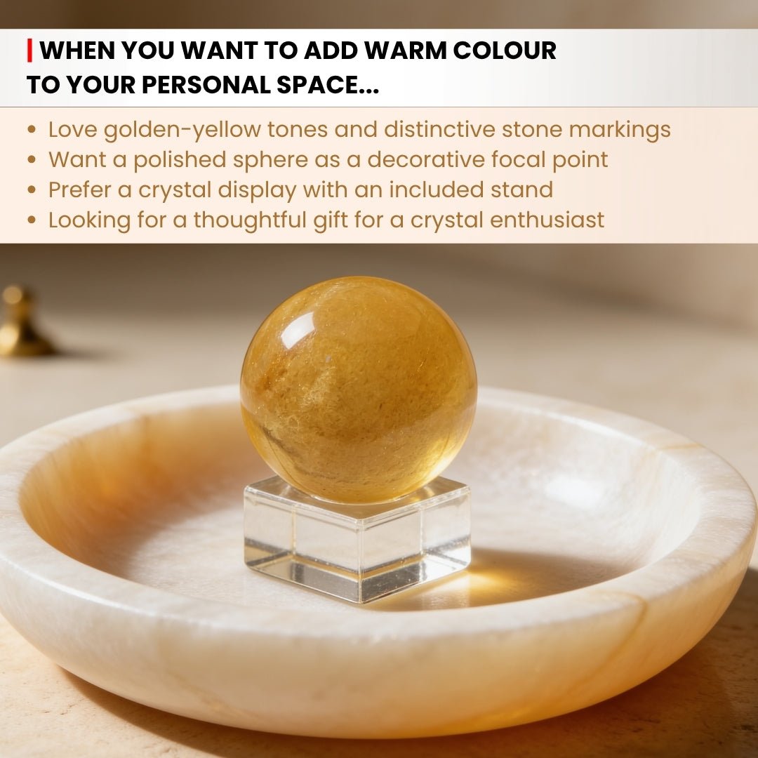 Scale measurement graphic displaying Yellow Aventurine ball diameter and crystal base height and width
