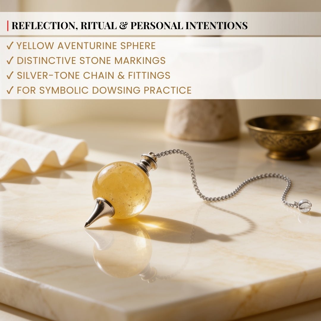 Scale measurement graphic showing Yellow Aventurine sphere diameter, chain length, and total dowsing drop length