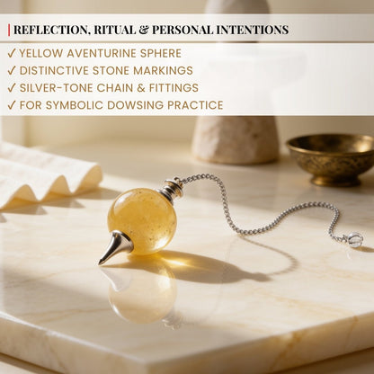 Scale measurement graphic showing Yellow Aventurine sphere diameter, chain length, and total dowsing drop length