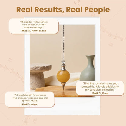 Yellow Aventurine sphere dowsing pendulum displayed beside protective drawstring velvet pouch and gift box