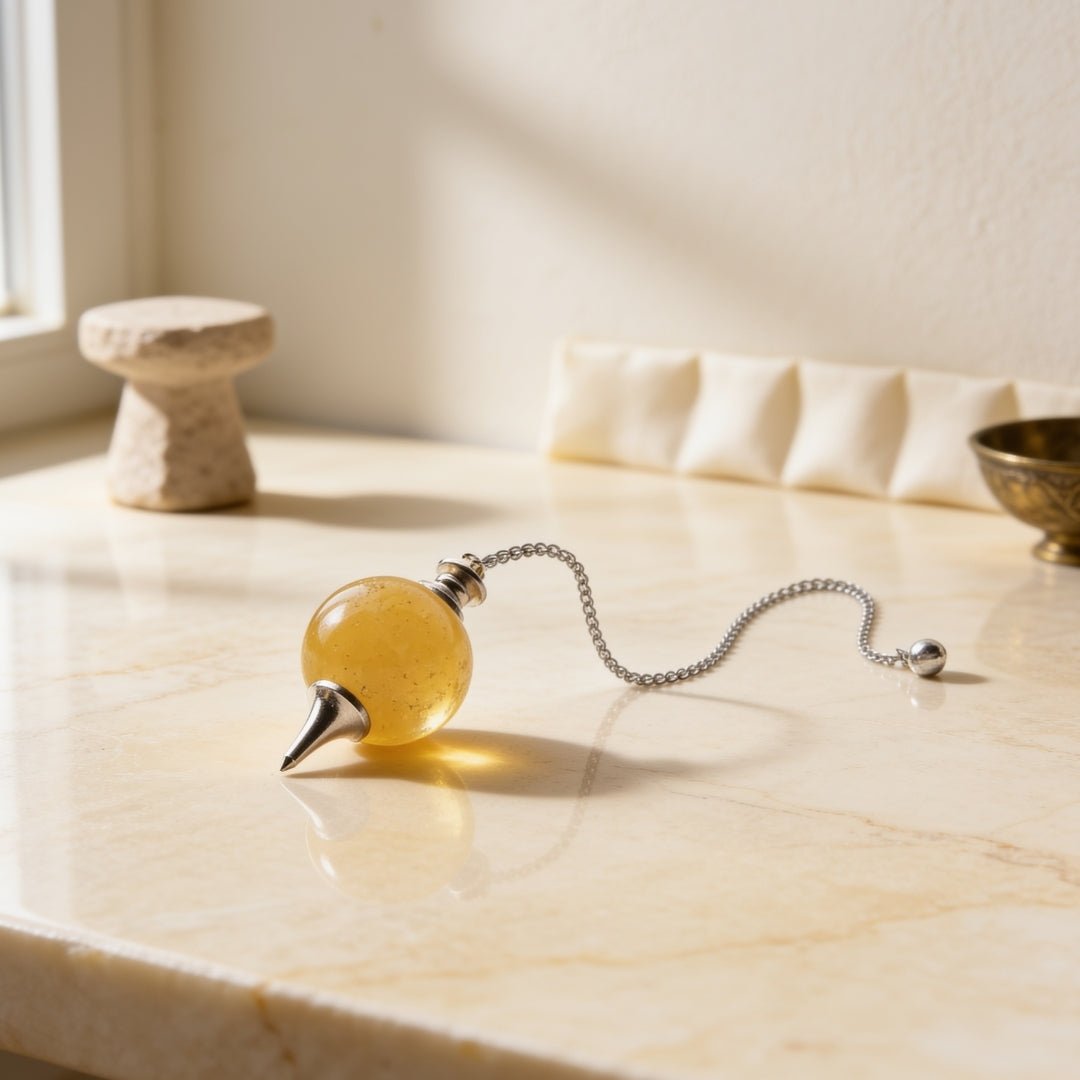 Natural Yellow Aventurine crystal ball dowsing pendulum suspended from silver-tone chain with end bead