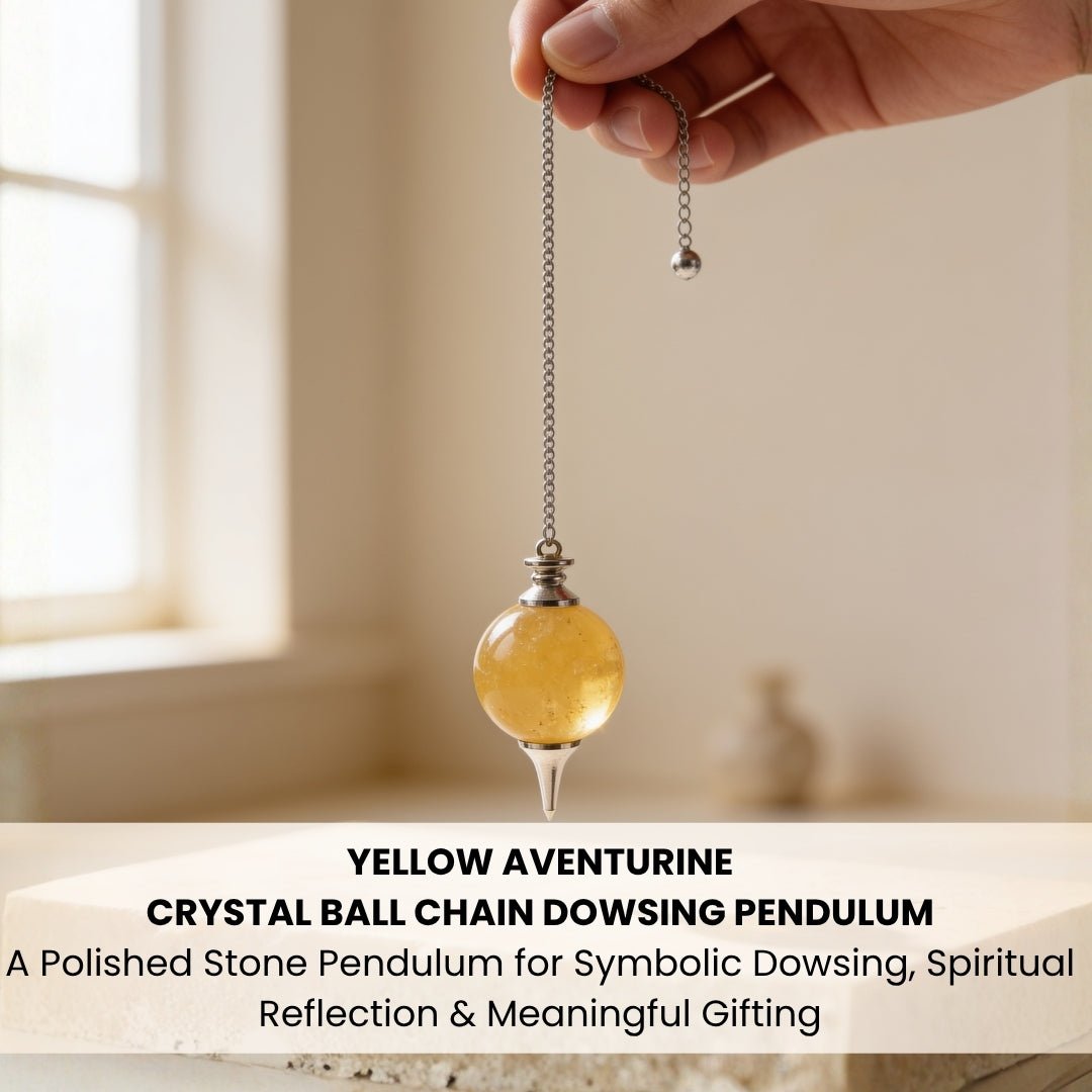 Durable silver-plated ball chain with secure loop mount securely holding smooth Yellow Aventurine crystal sphere