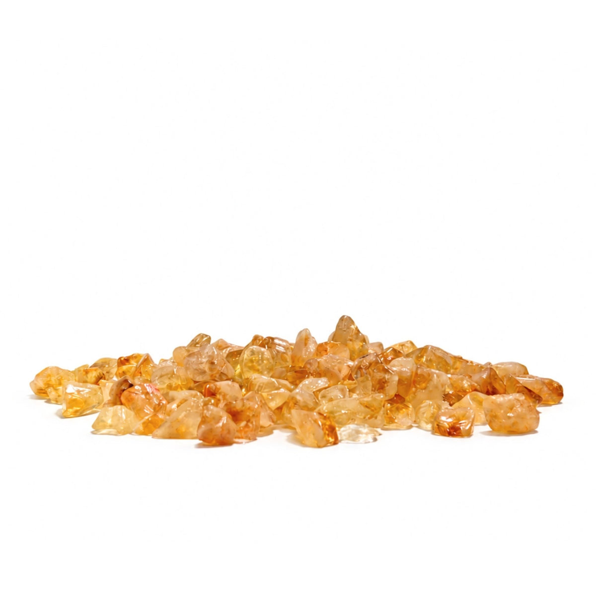 Close-up of glossy Yellow Citrine chips highlighting translucent golden honey hues, natural quartz inclusions, and vitreous shine