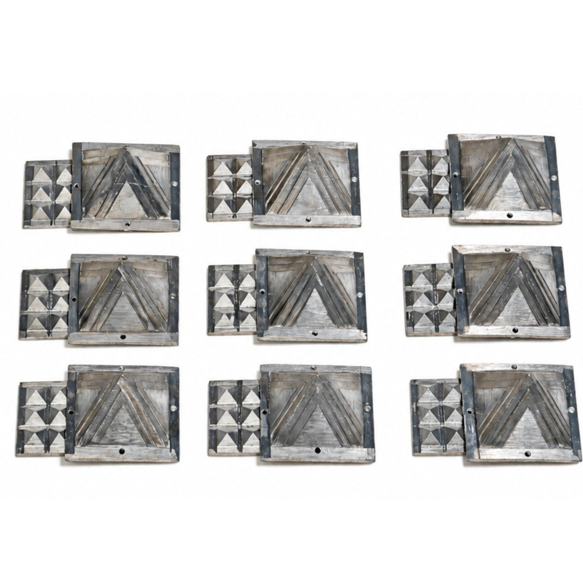 Set of 9 solid Zinc 2.5 inch Vastu pyramids arranged in a 3x3 grid for North-East Ishanya dosha neutralization
