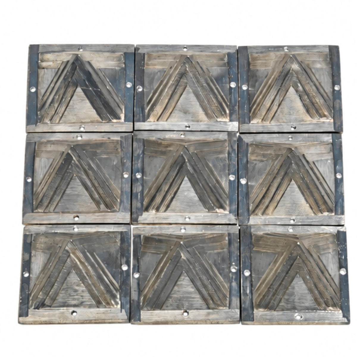 Set of 9 Zinc 2.5-inch Vastu pyramids securely fitted in custom foam slots inside a heavy-duty branded box with placement diagram