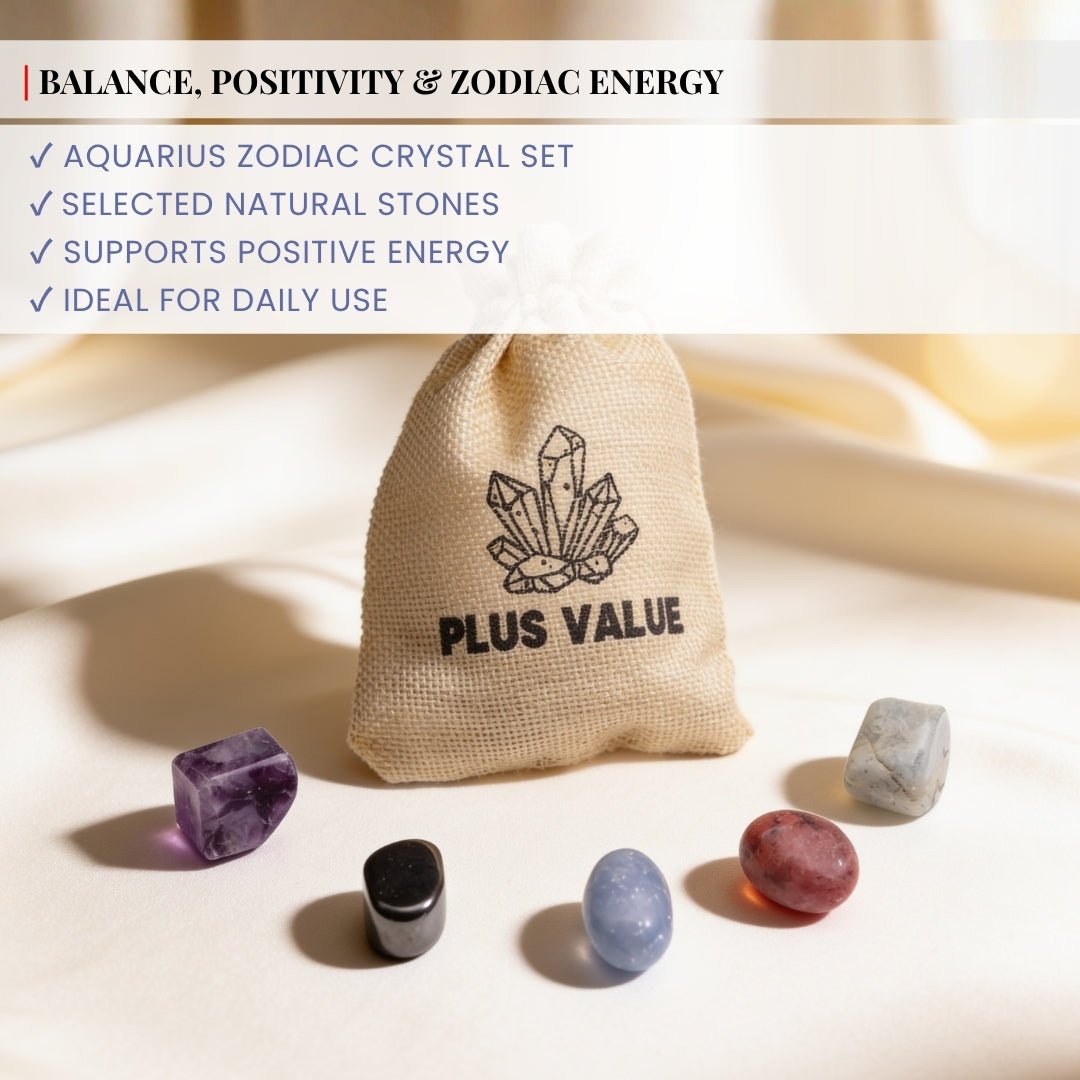 Aquarius zodiac crystal stones displayed in hand for scale