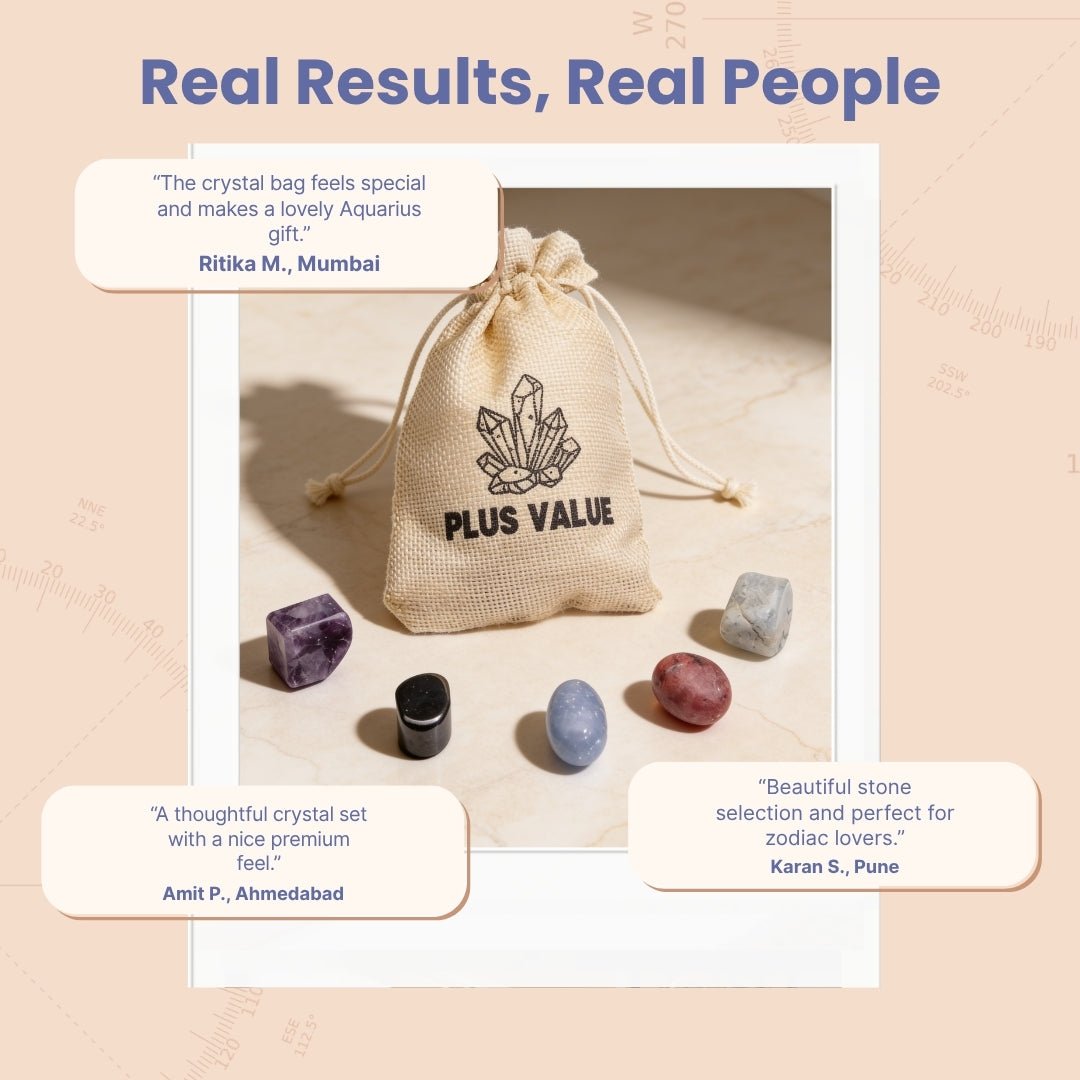 five Aquarius zodiac stones stored inside the included jute bag